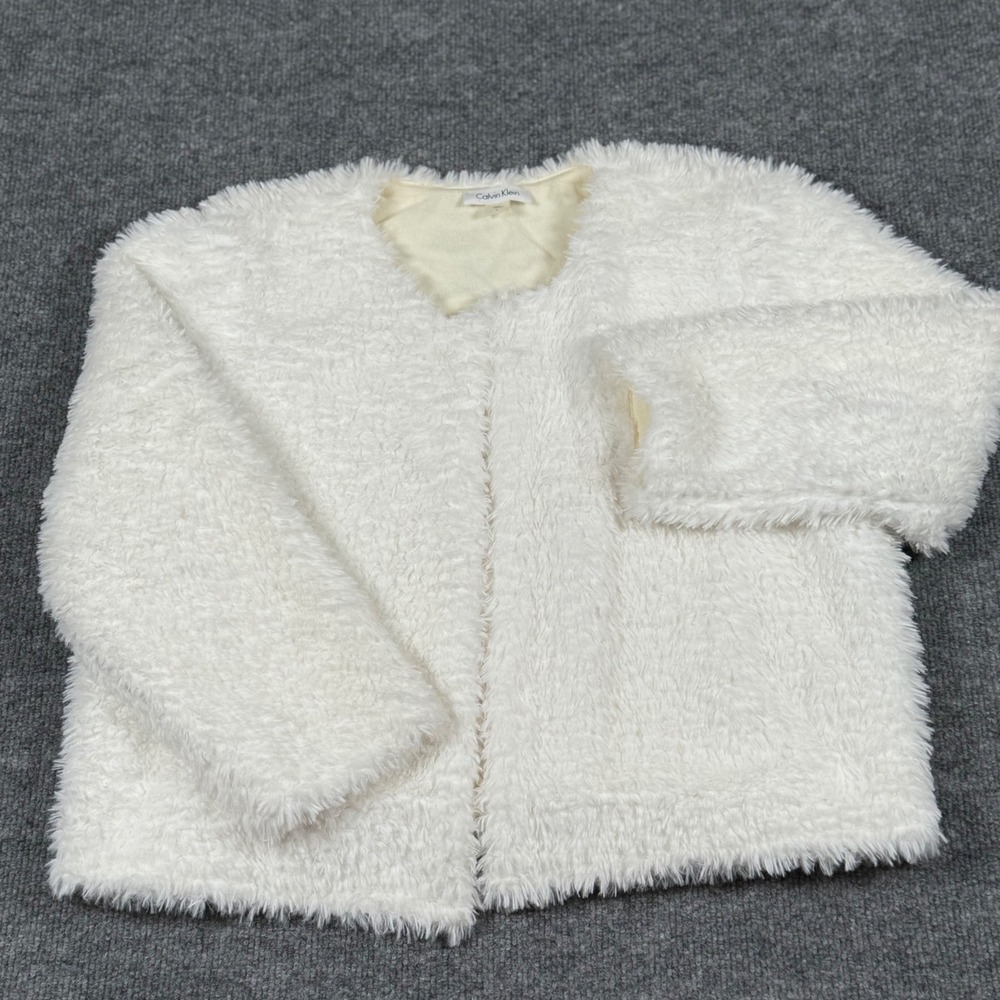 Calvin Klein Large‎ White Faux Fur Cardigan Sweater Shrug Bolero Jacket Weddings